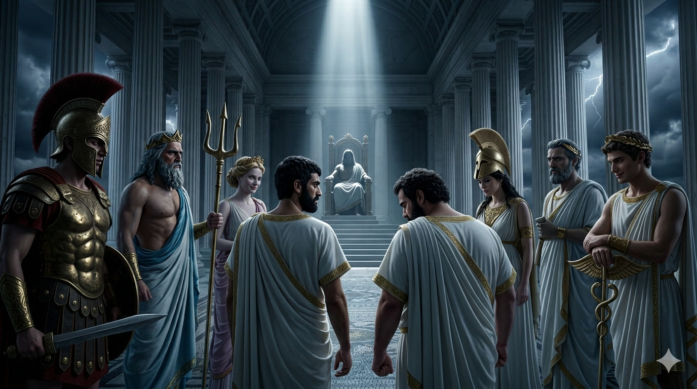 The two gods walk toward the throne between ranks of Olympians